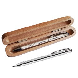 Penna a sfera personalizzata a scatto in alluminio touch con custodia in legno (Argento)